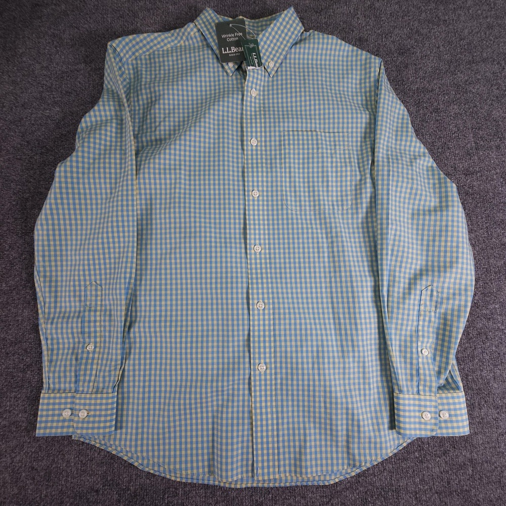 LL Bean Shirt Mens Small Blue Yellow Gingham‎ Check TrueCool Cotton Button Down